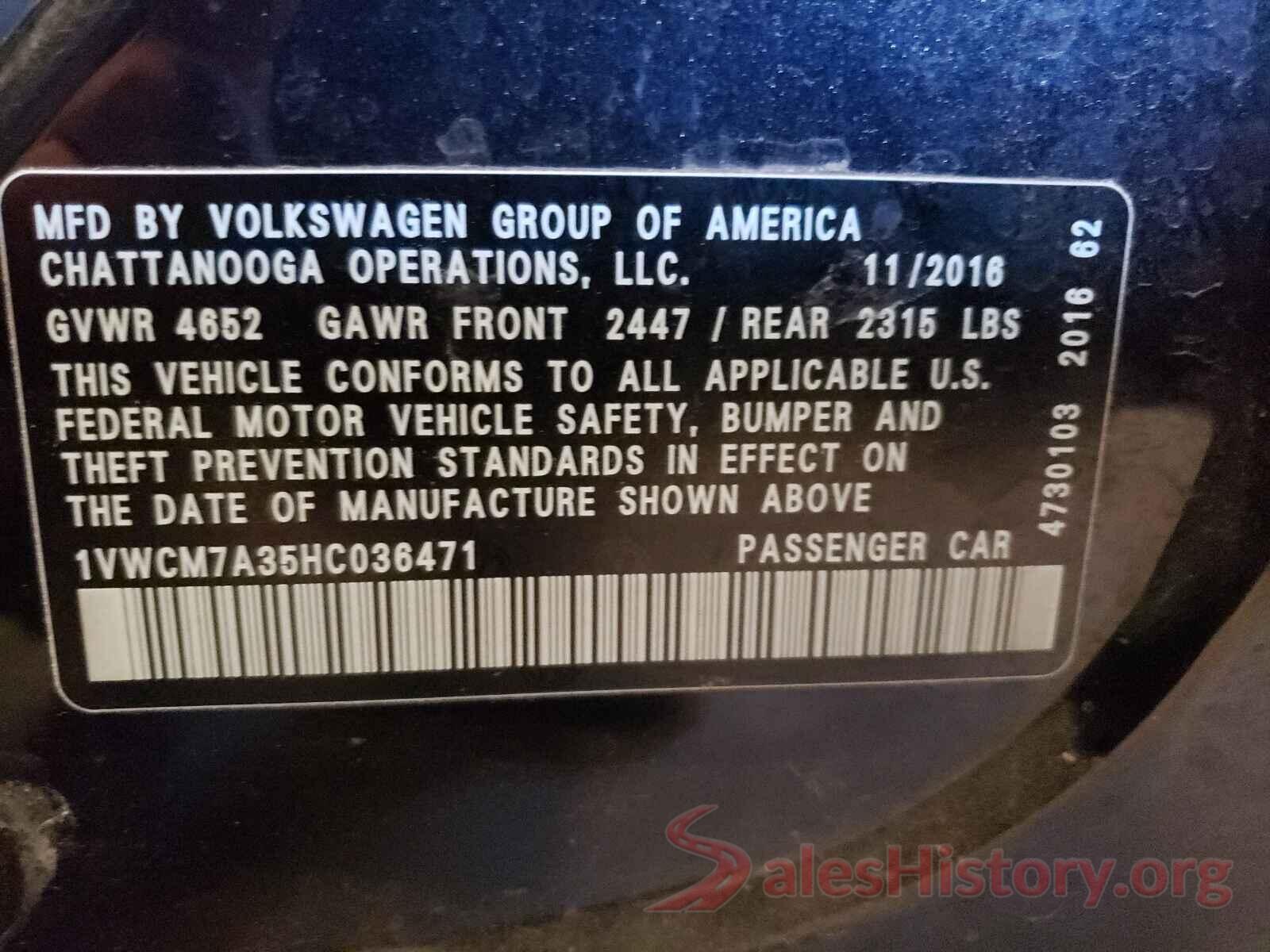 1VWCM7A35HC036471 2017 VOLKSWAGEN PASSAT