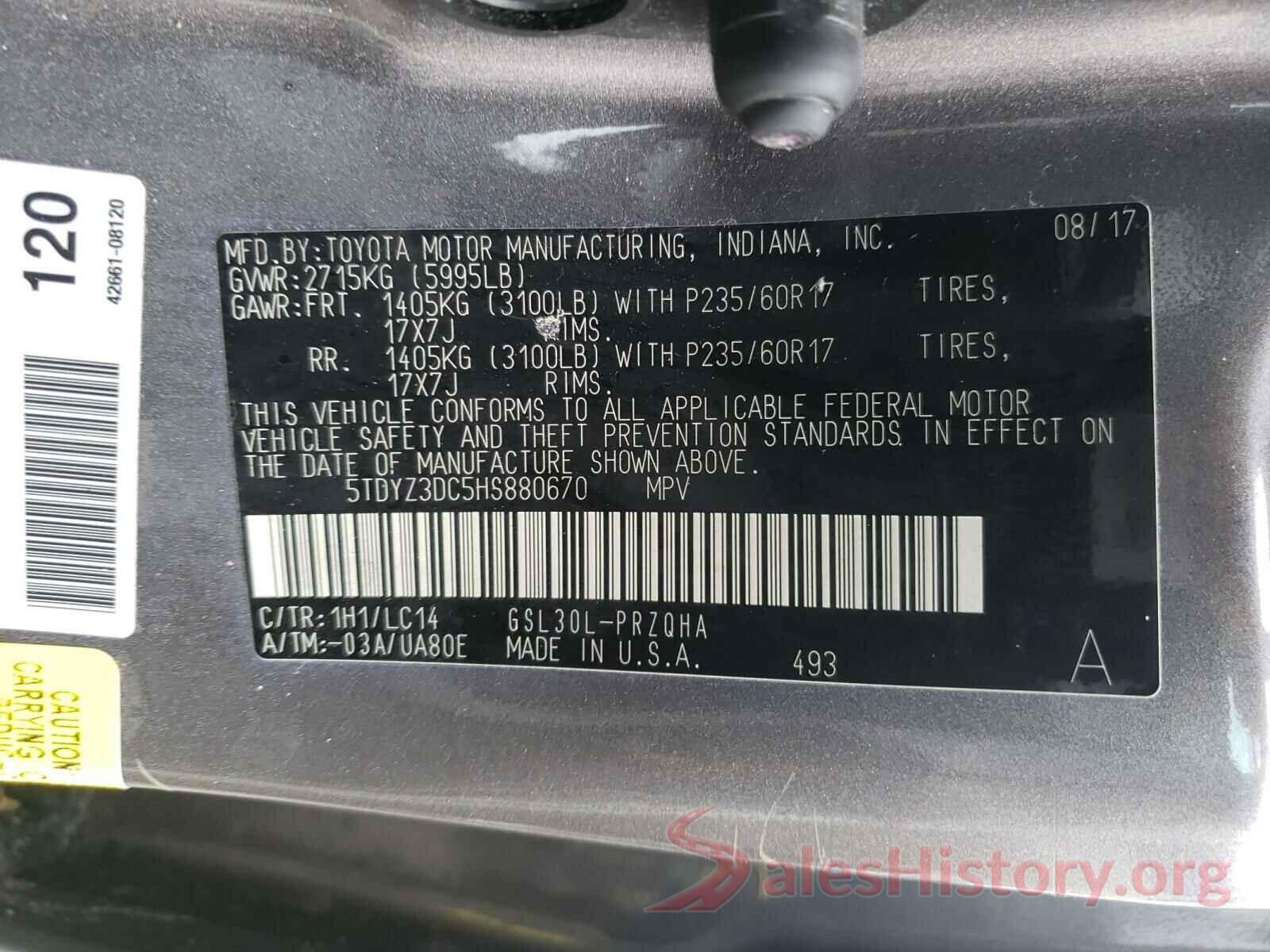 5TDYZ3DC5HS880670 2017 TOYOTA SIENNA