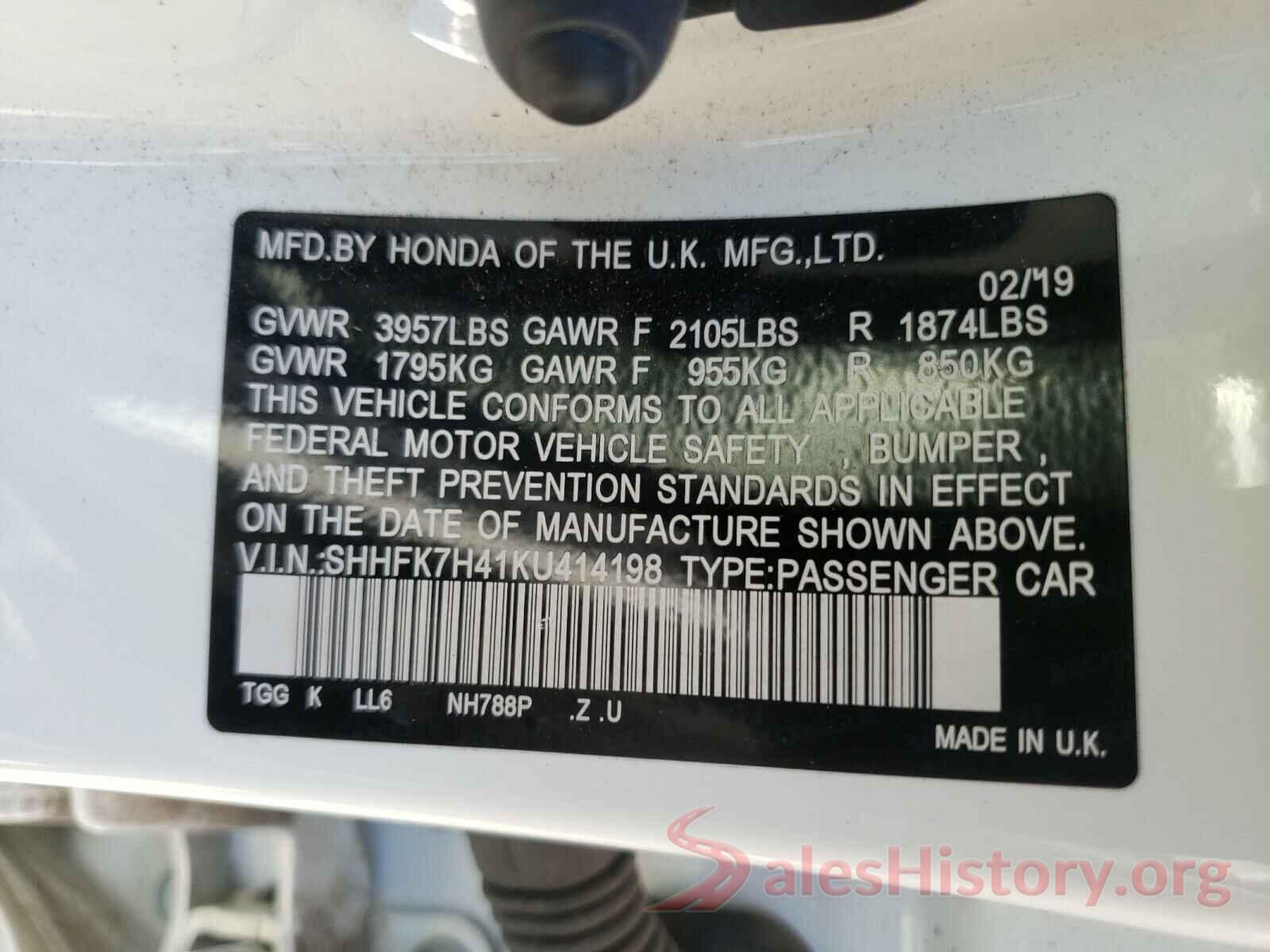 SHHFK7H41KU414198 2019 HONDA CIVIC