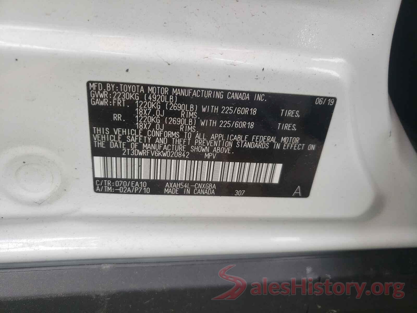 2T3DWRFV6KW020842 2019 TOYOTA RAV4