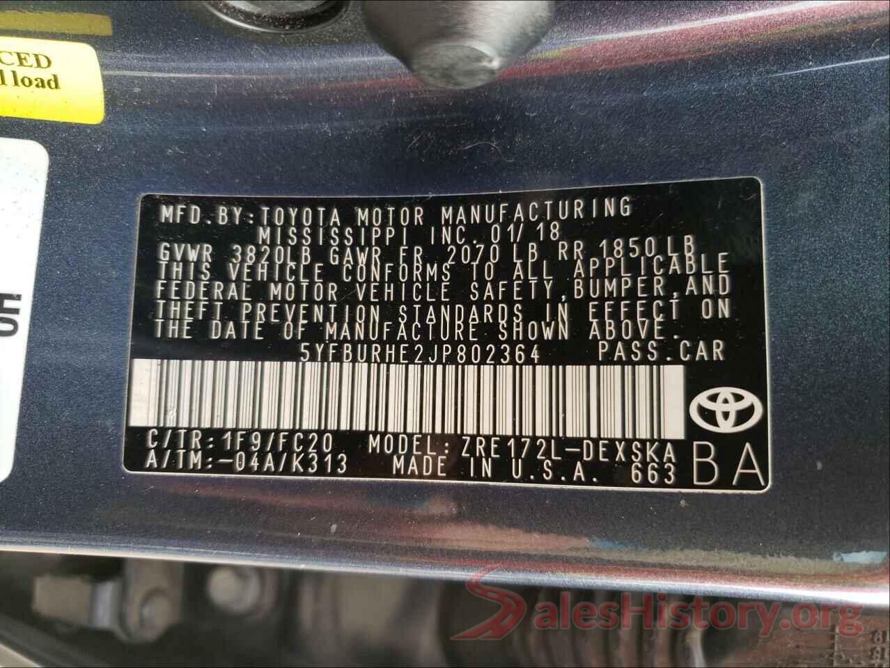 5YFBURHE2JP802364 2018 TOYOTA COROLLA