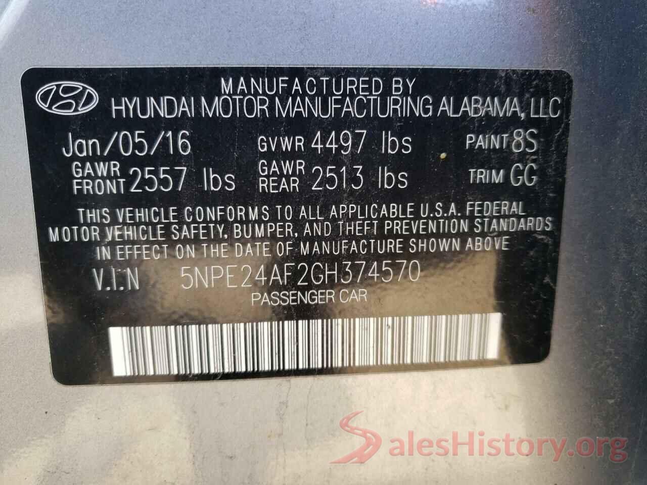 5NPE24AF2GH374570 2016 HYUNDAI SONATA