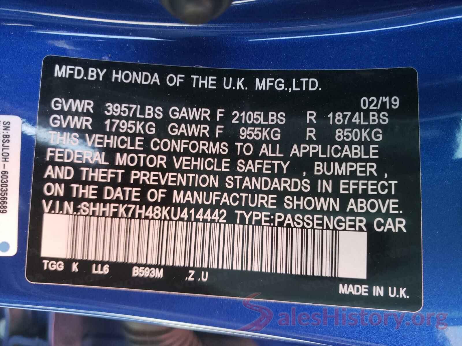 SHHFK7H48KU414442 2019 HONDA CIVIC