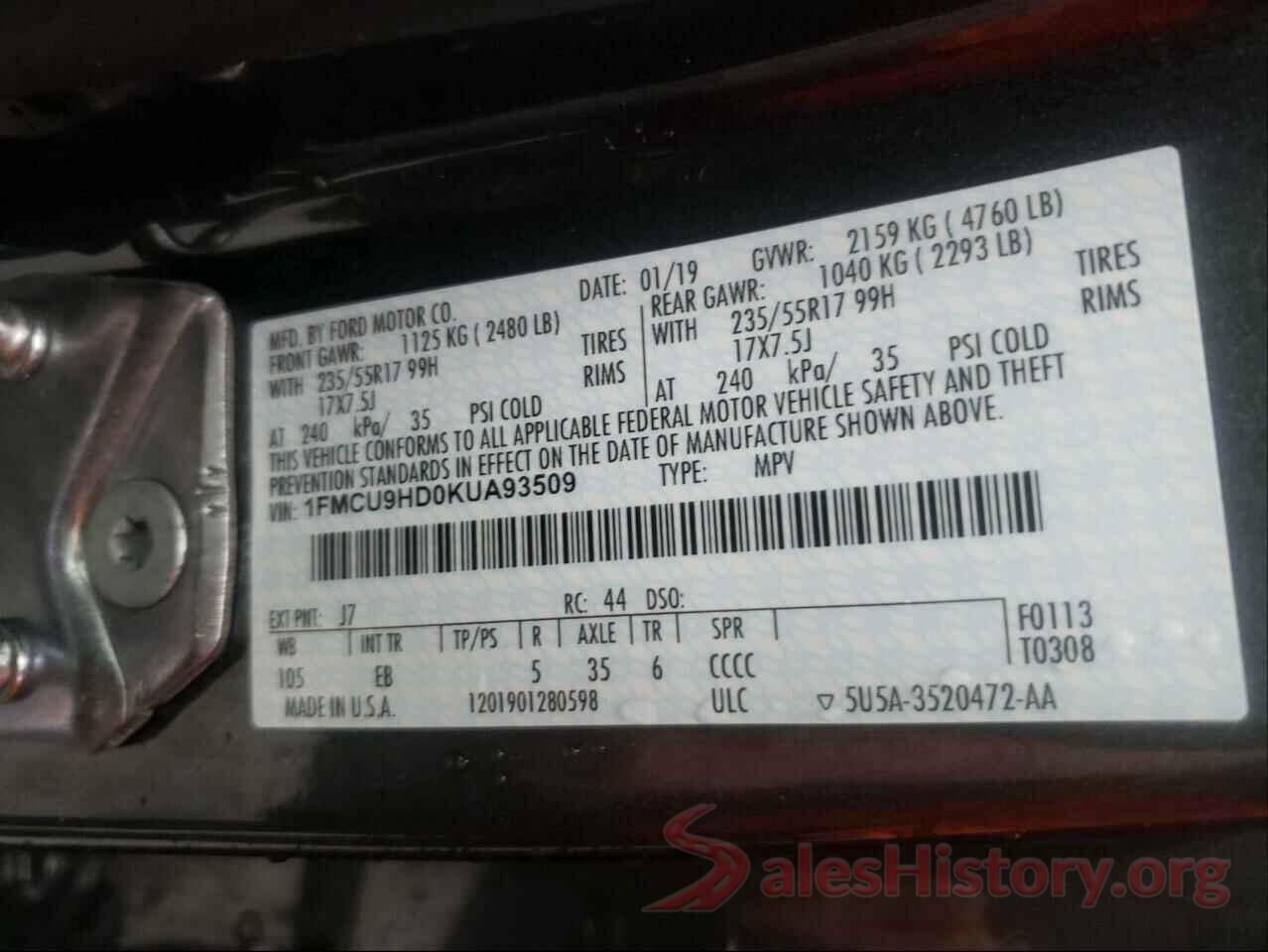 1FMCU9HD0KUA93509 2019 FORD ESCAPE