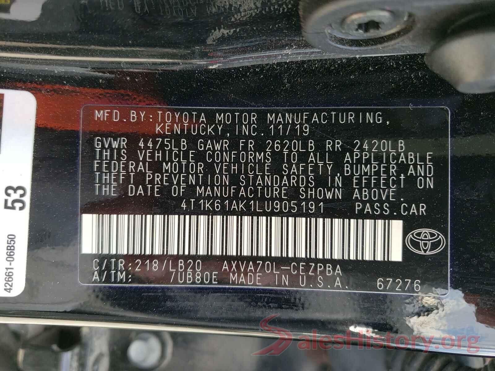 4T1K61AK1LU905191 2020 TOYOTA CAMRY