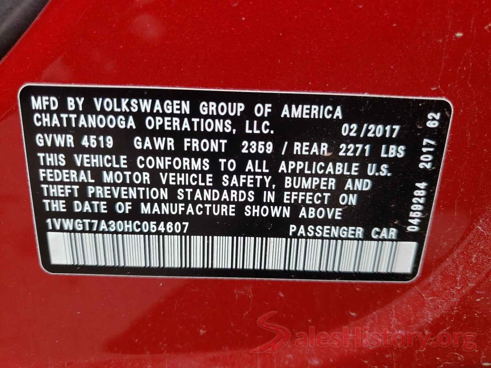 1VWGT7A30HC054607 2017 VOLKSWAGEN PASSAT