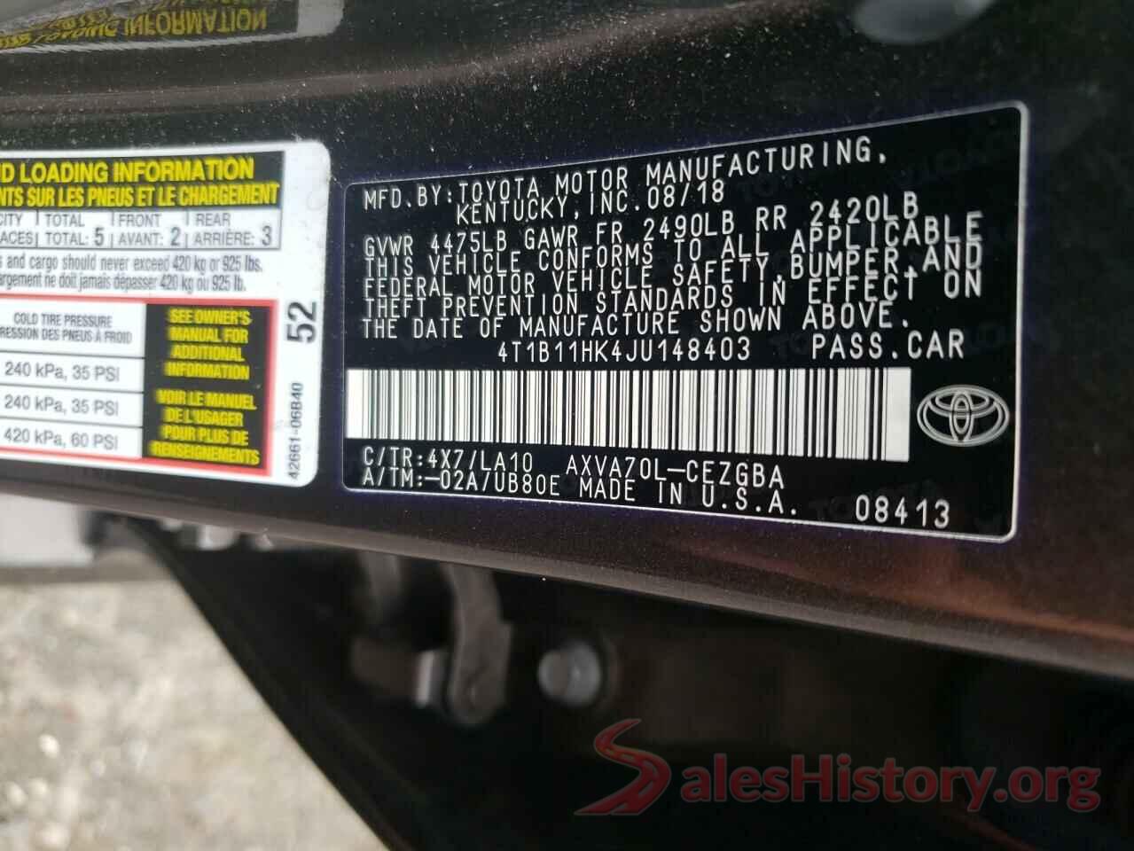 4T1B11HK4JU148403 2018 TOYOTA CAMRY