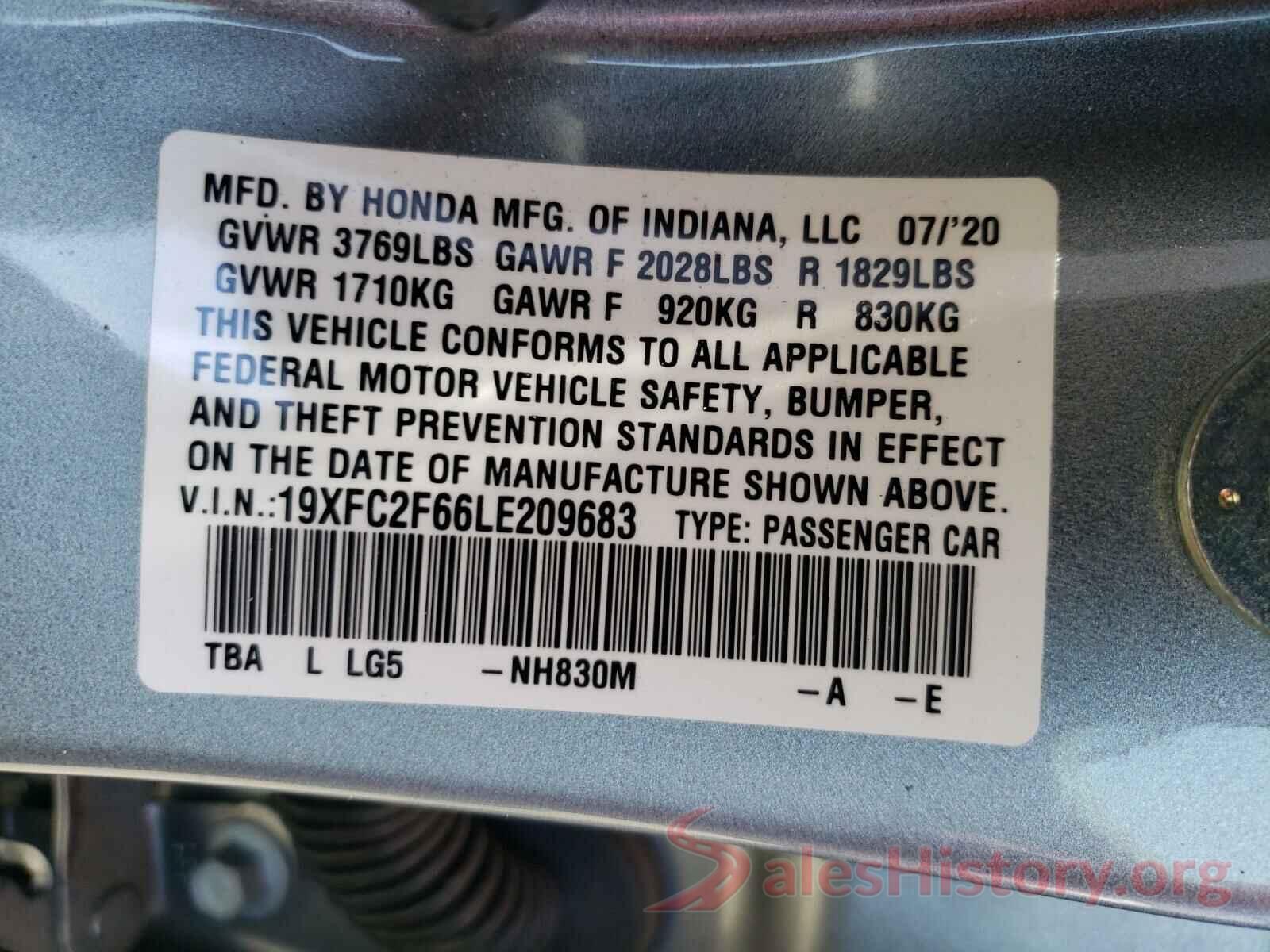 19XFC2F66LE209683 2020 HONDA CIVIC