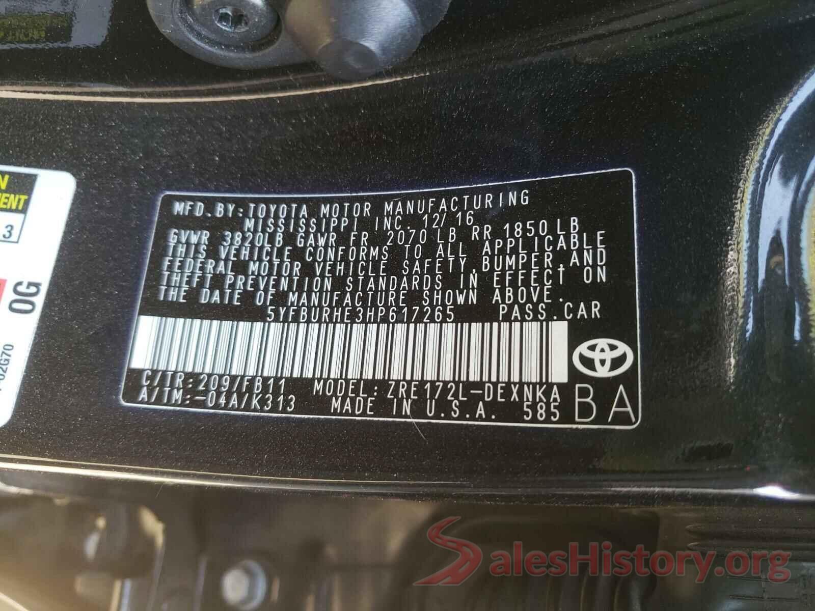 5YFBURHE3HP617265 2017 TOYOTA COROLLA