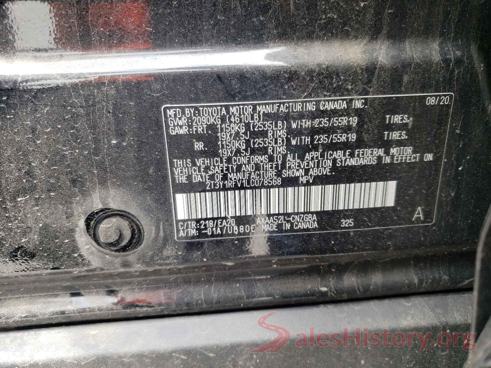 2T3Y1RFV1LC078568 2020 TOYOTA RAV4