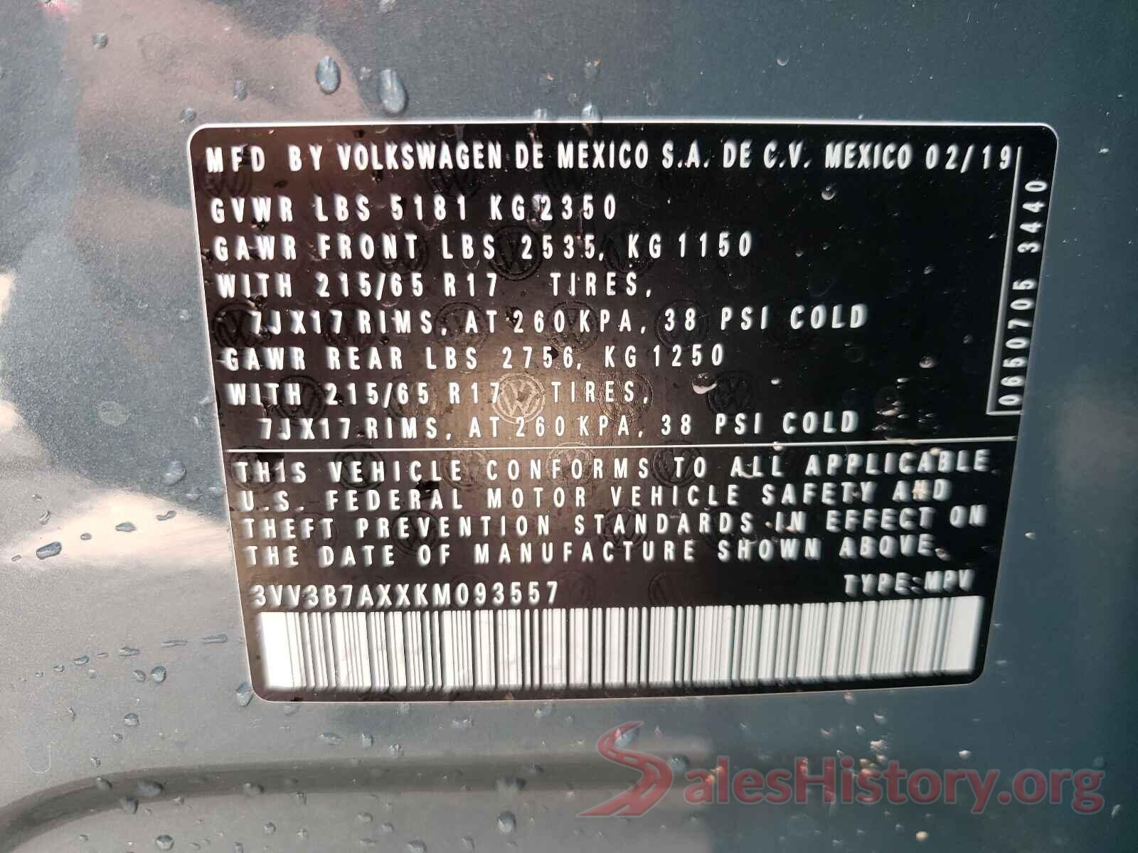 3VV3B7AXXKM093557 2019 VOLKSWAGEN TIGUAN