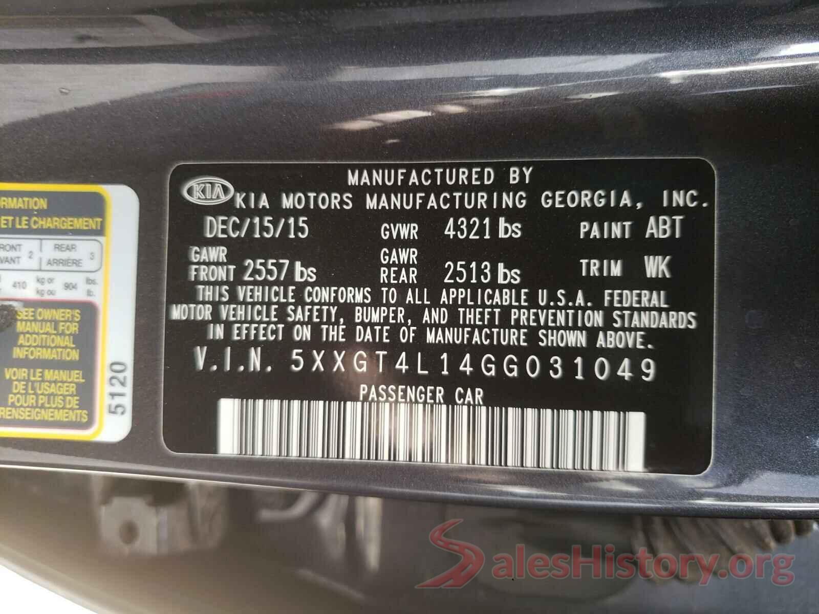 5XXGT4L14GG031049 2016 KIA OPTIMA