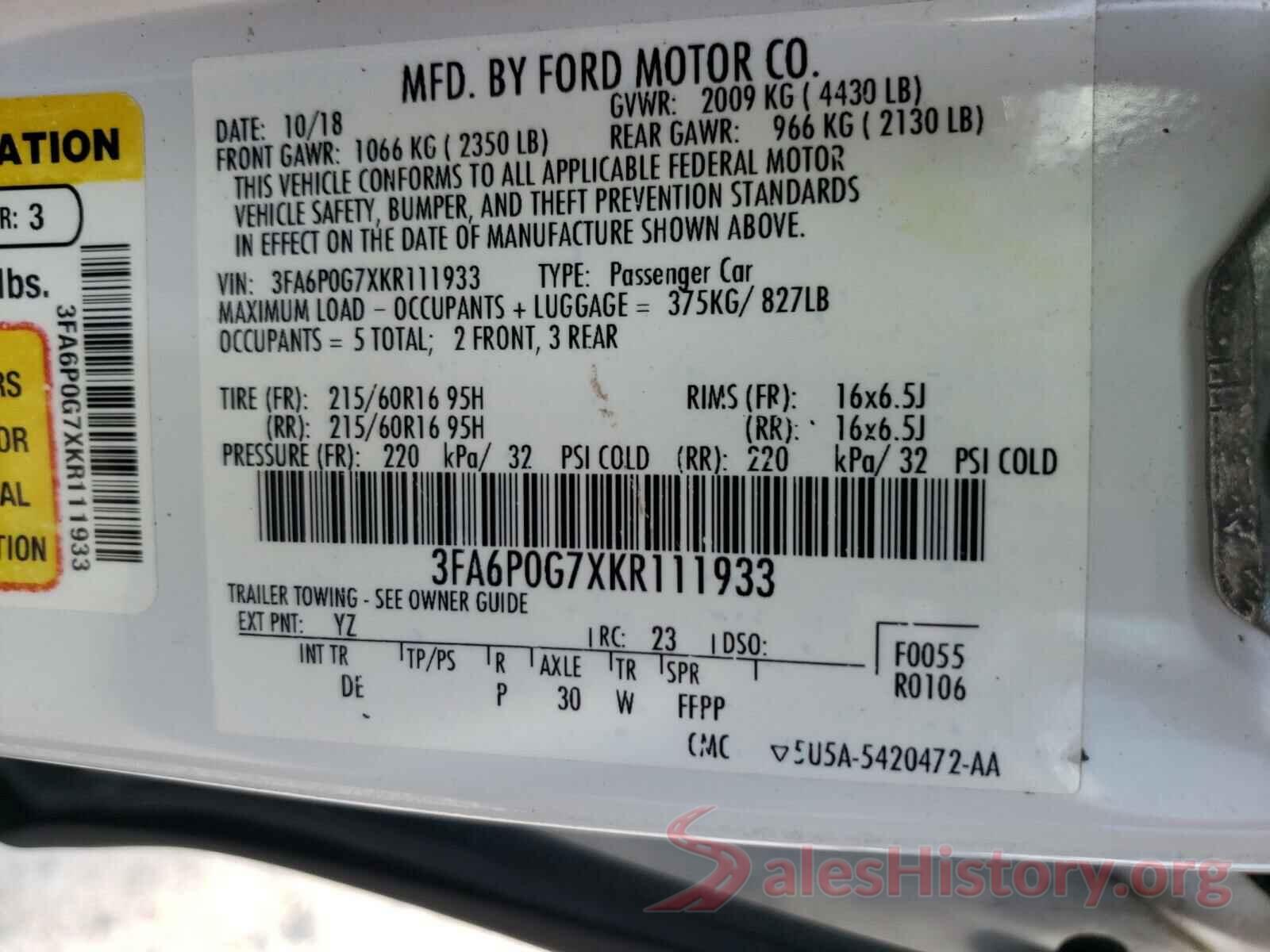 3FA6P0G7XKR111933 2019 FORD FUSION