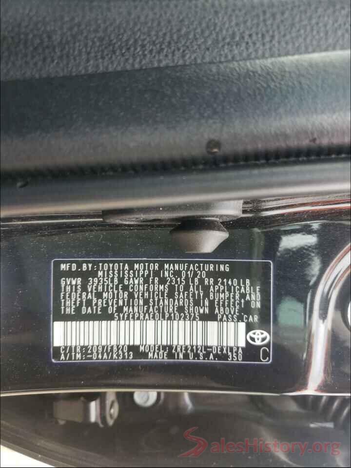 5YFEPRAE0LP102375 2020 TOYOTA COROLLA