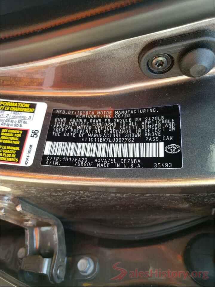 4T1C11BK7LU007762 2020 TOYOTA CAMRY