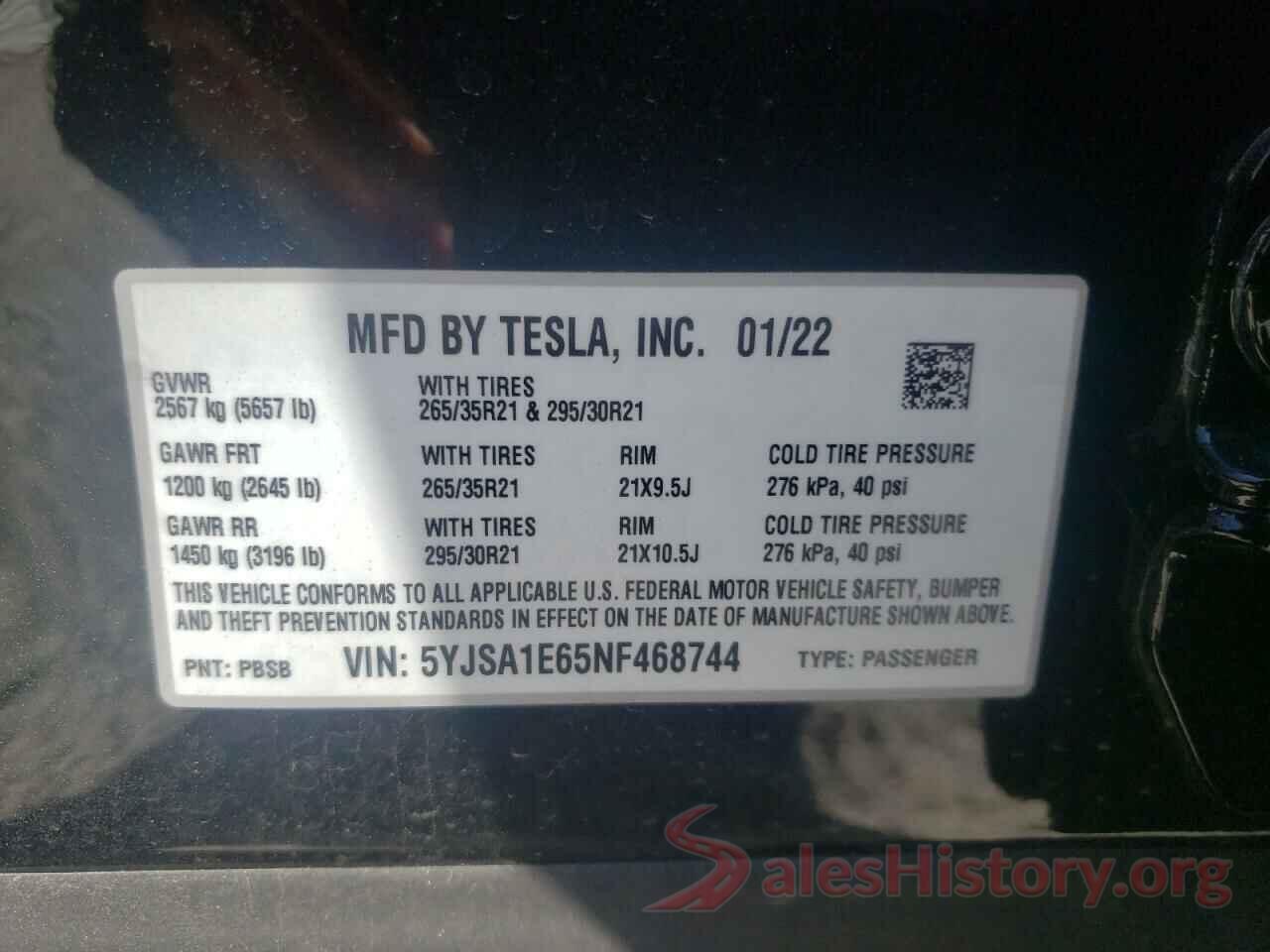 5YJSA1E65NF468744 2022 TESLA MODEL S