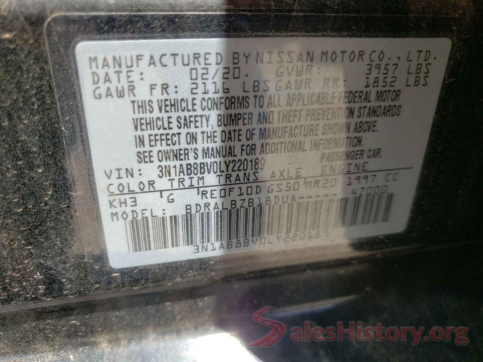 3N1AB8BV0LY220189 2020 NISSAN SENTRA