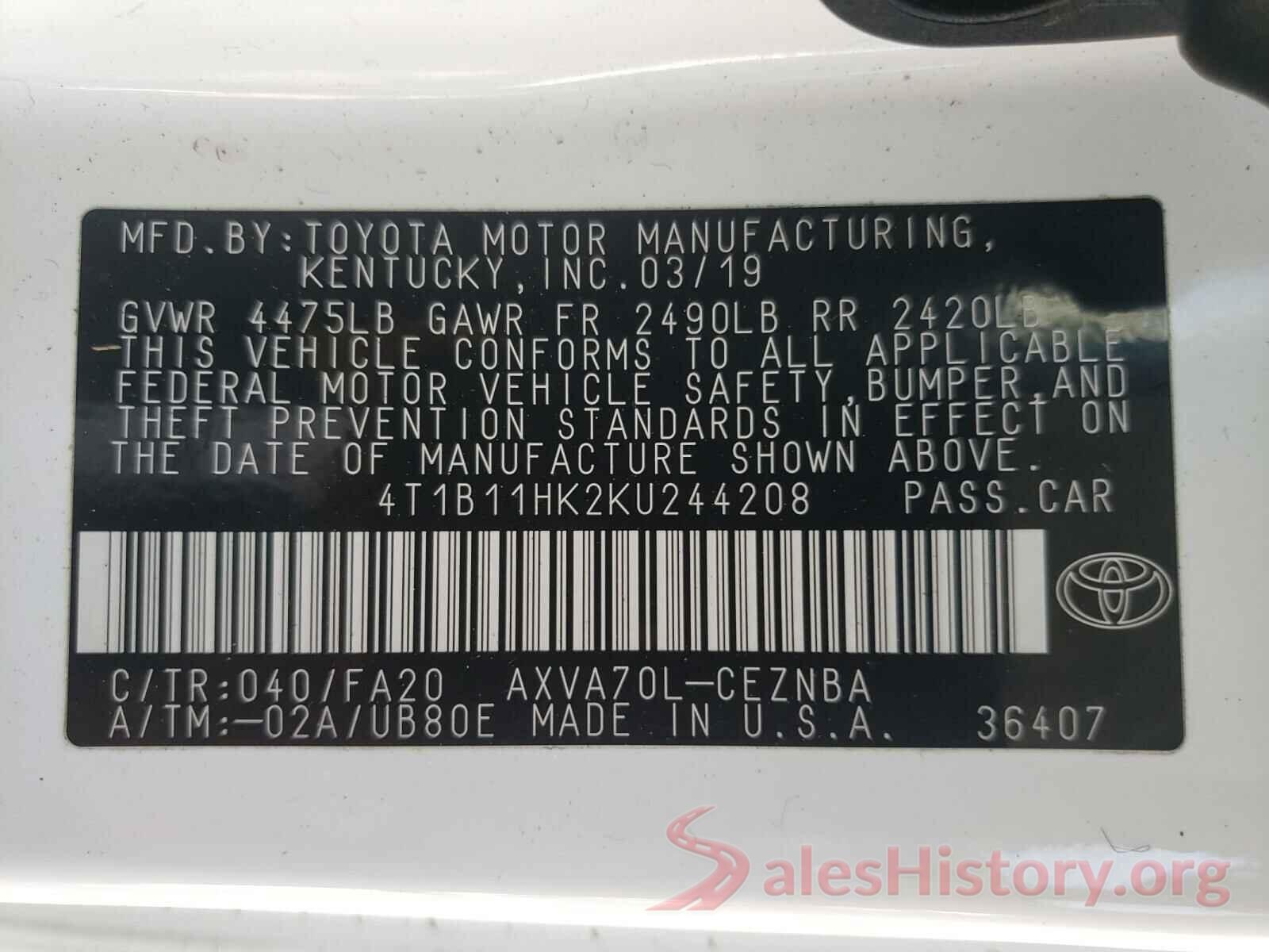 4T1B11HK2KU244208 2019 TOYOTA CAMRY