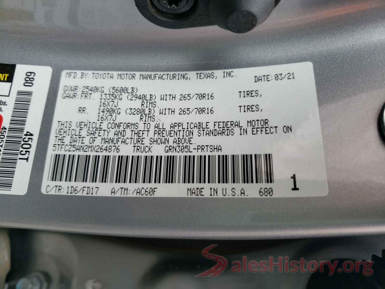 5TFCZ5AN2MX264876 2021 TOYOTA TACOMA