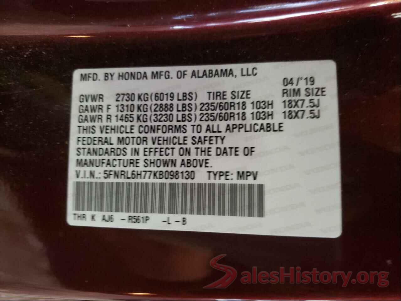 5FNRL6H77KB098130 2019 HONDA ODYSSEY