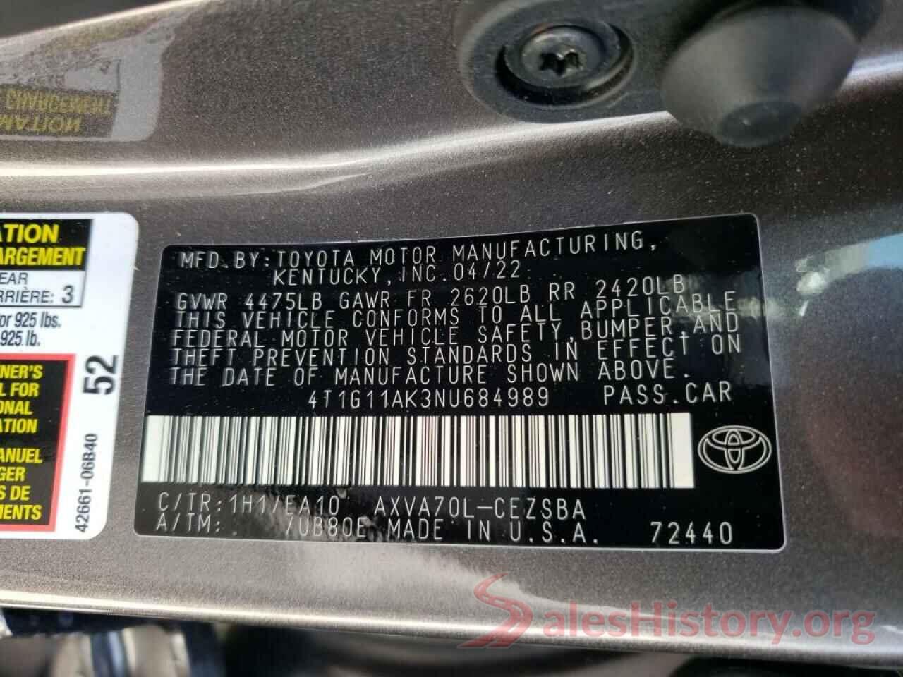 4T1G11AK3NU684989 2022 TOYOTA CAMRY