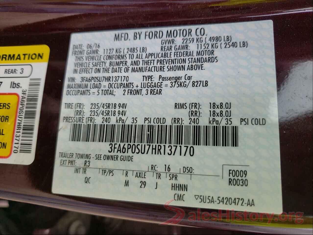 3FA6P0SU7HR137170 2017 FORD FUSION