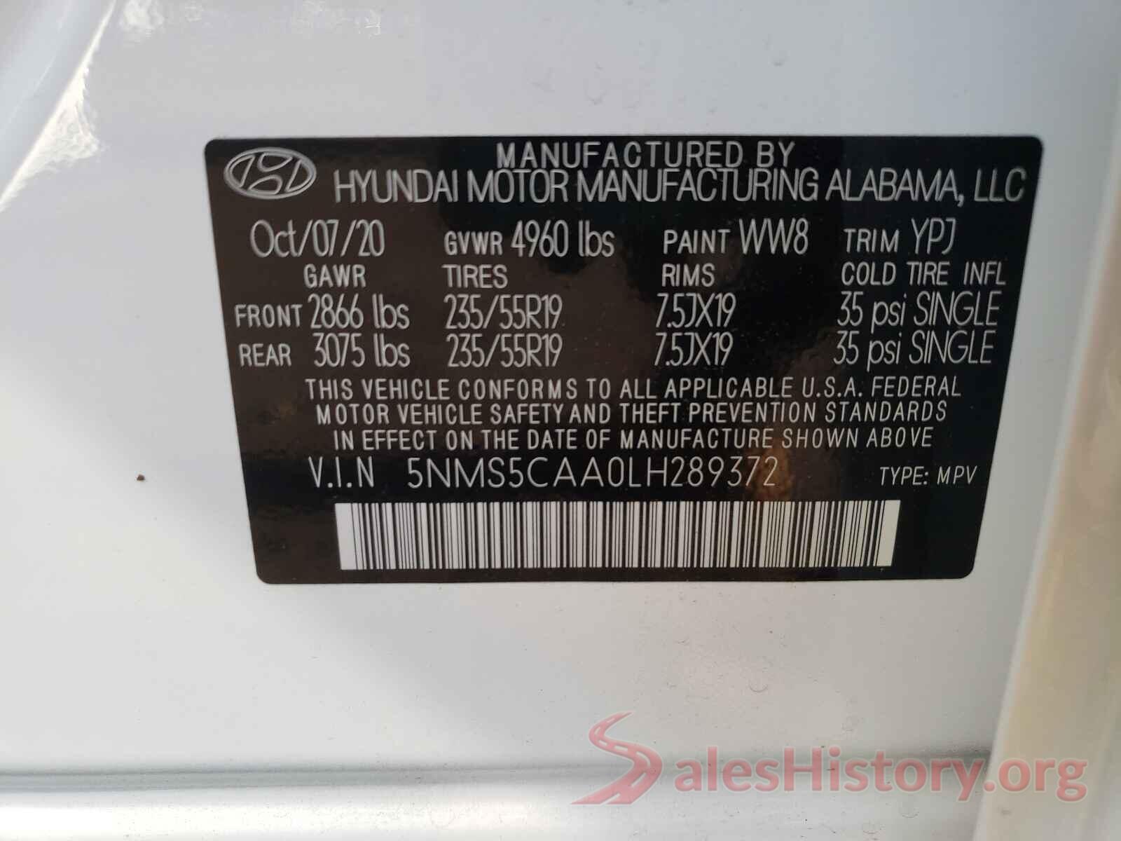 5NMS5CAA0LH289372 2020 HYUNDAI SANTA FE