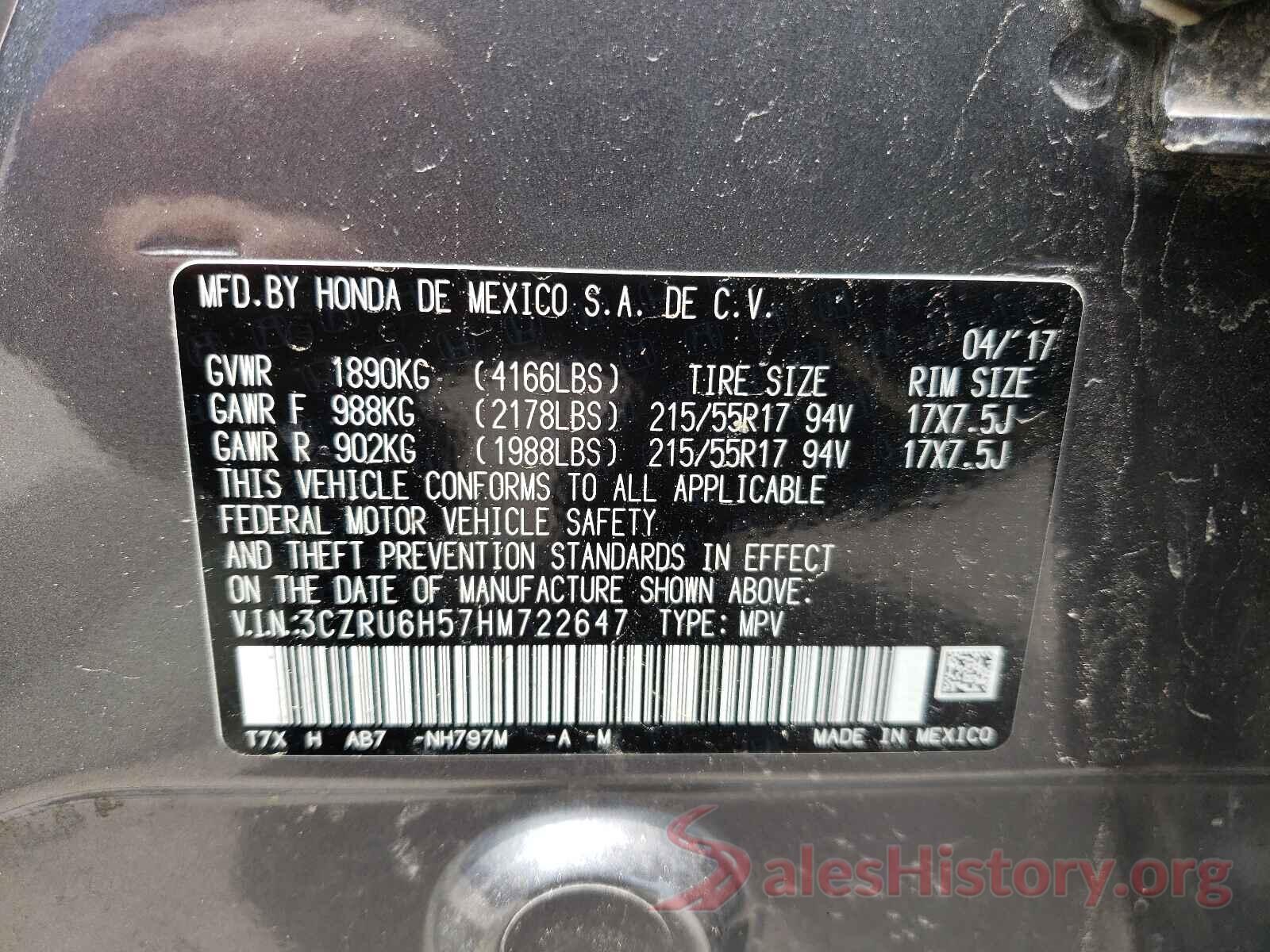 3CZRU6H57HM722647 2017 HONDA HR-V