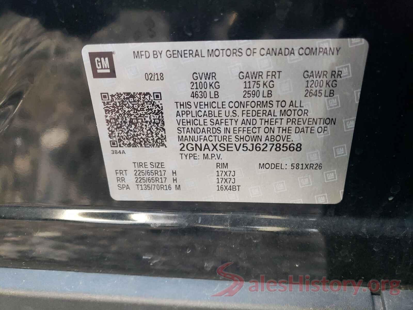 2GNAXSEV5J6278568 2018 CHEVROLET EQUINOX