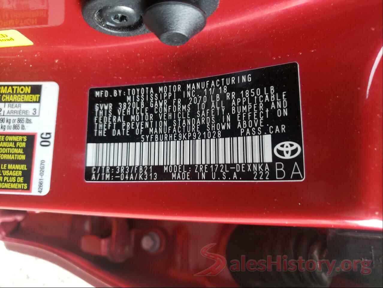 5YFBURHE9KP921028 2019 TOYOTA COROLLA