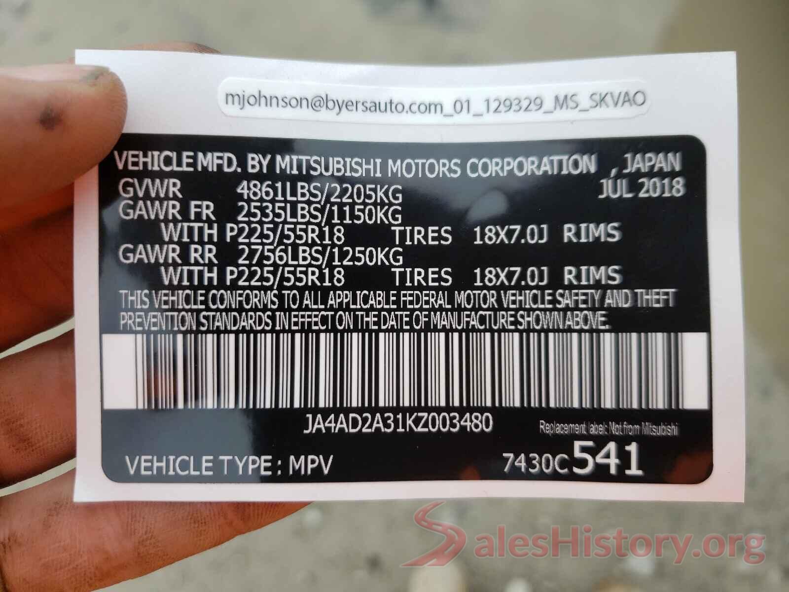 JA4AD2A31KZ003480 2019 MITSUBISHI OUTLANDER