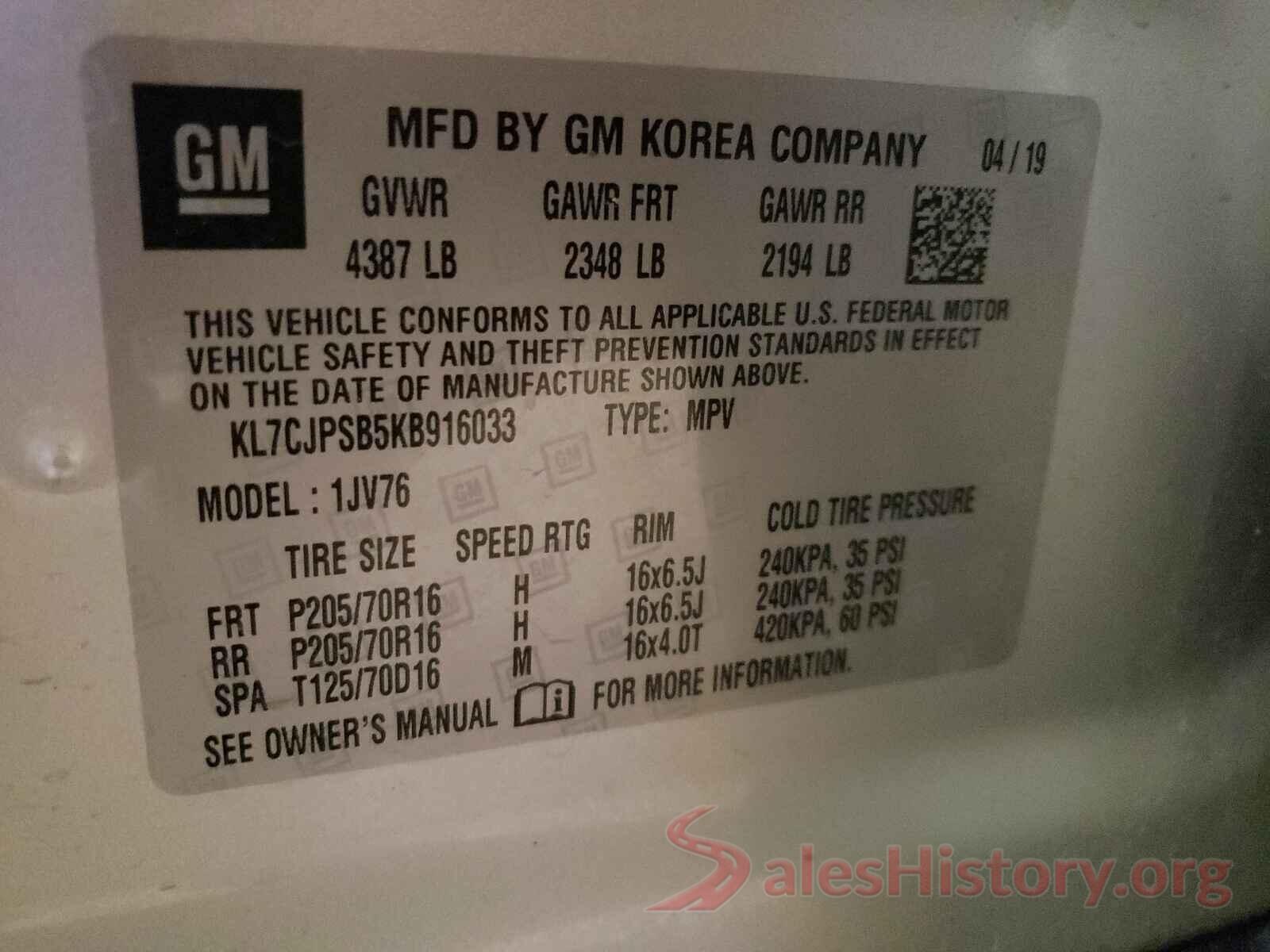 KL7CJPSB5KB916033 2019 CHEVROLET TRAX