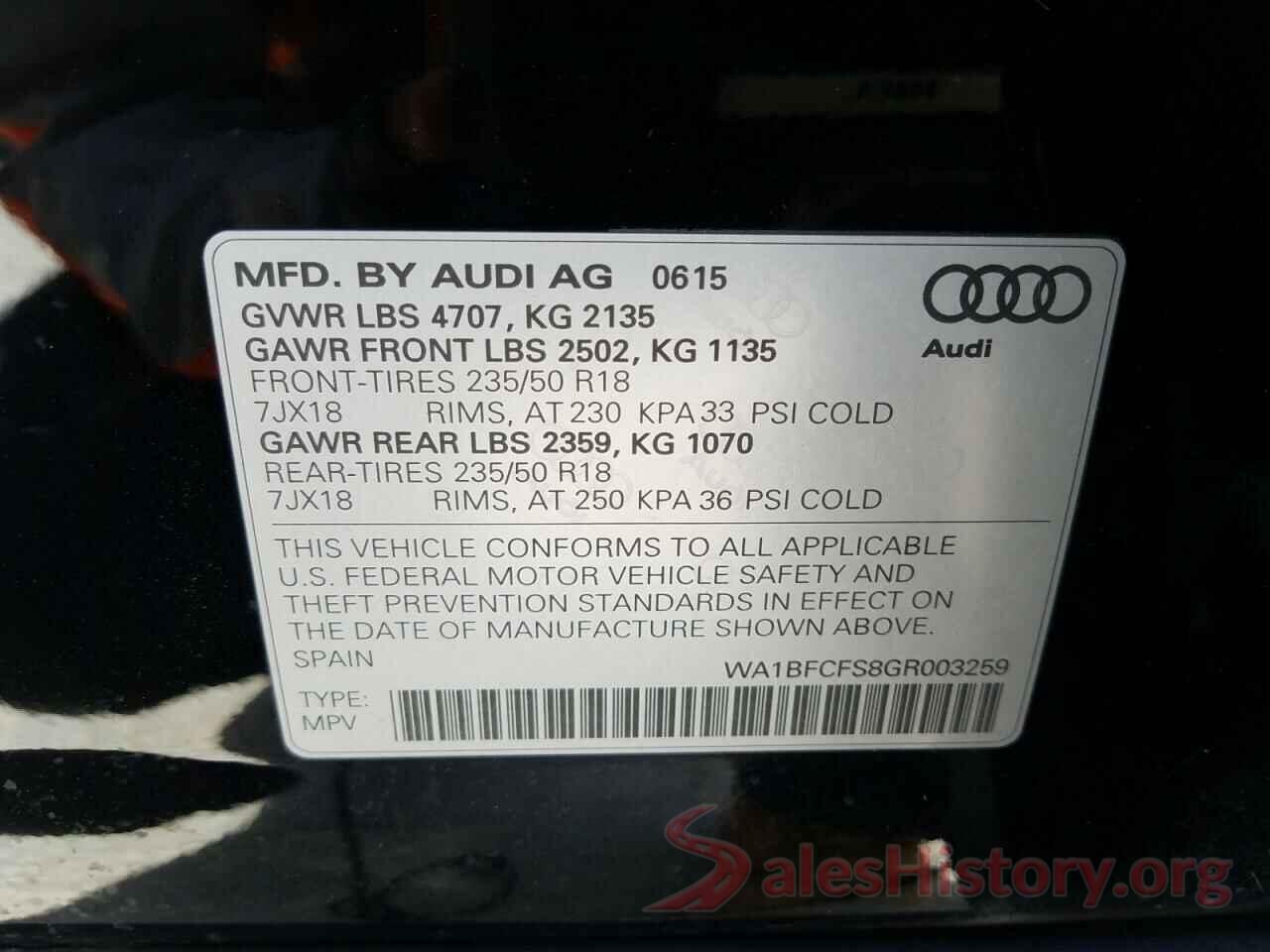 WA1BFCFS8GR003259 2016 AUDI Q3