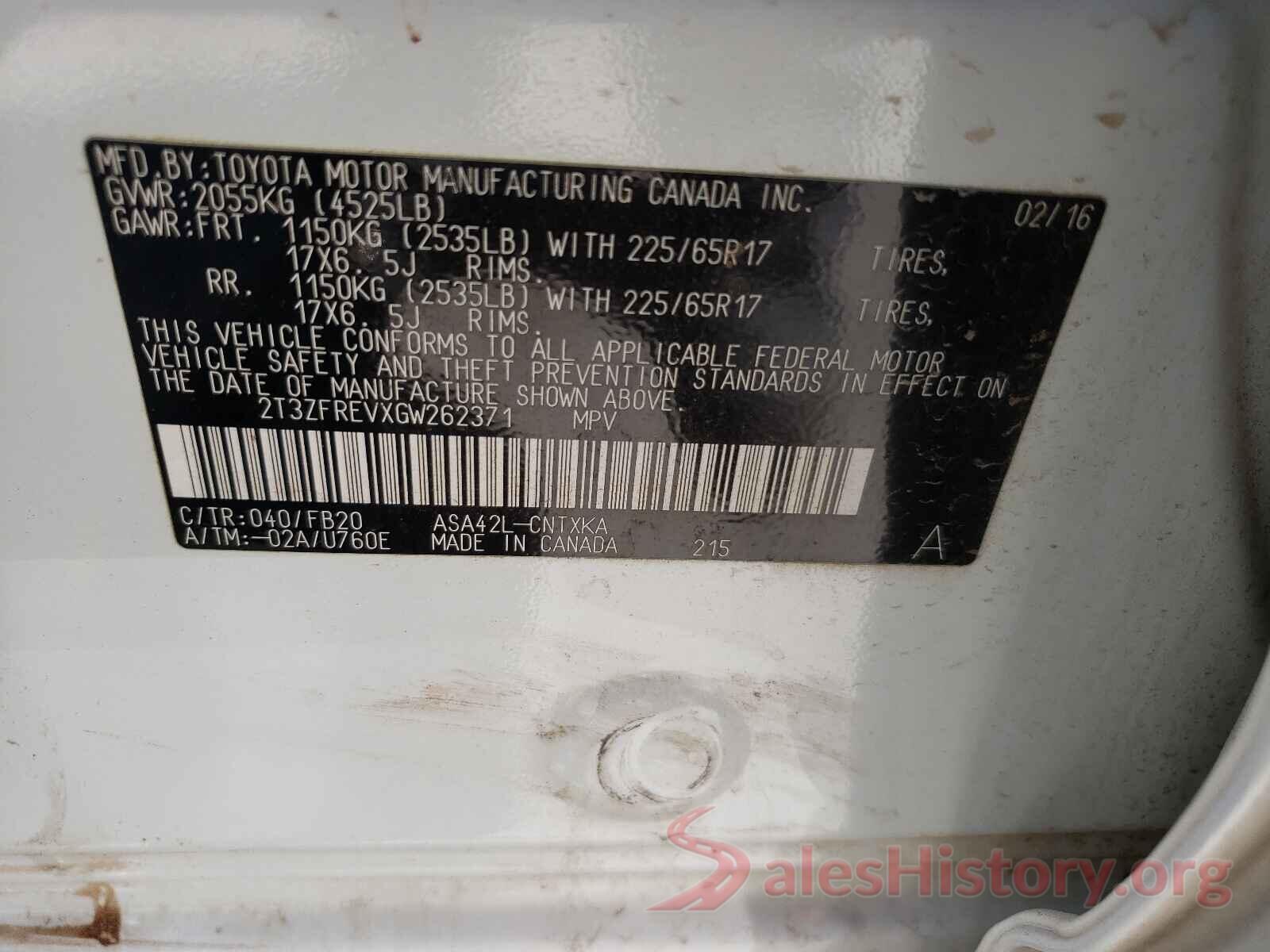 2T3ZFREVXGW262371 2016 TOYOTA RAV4