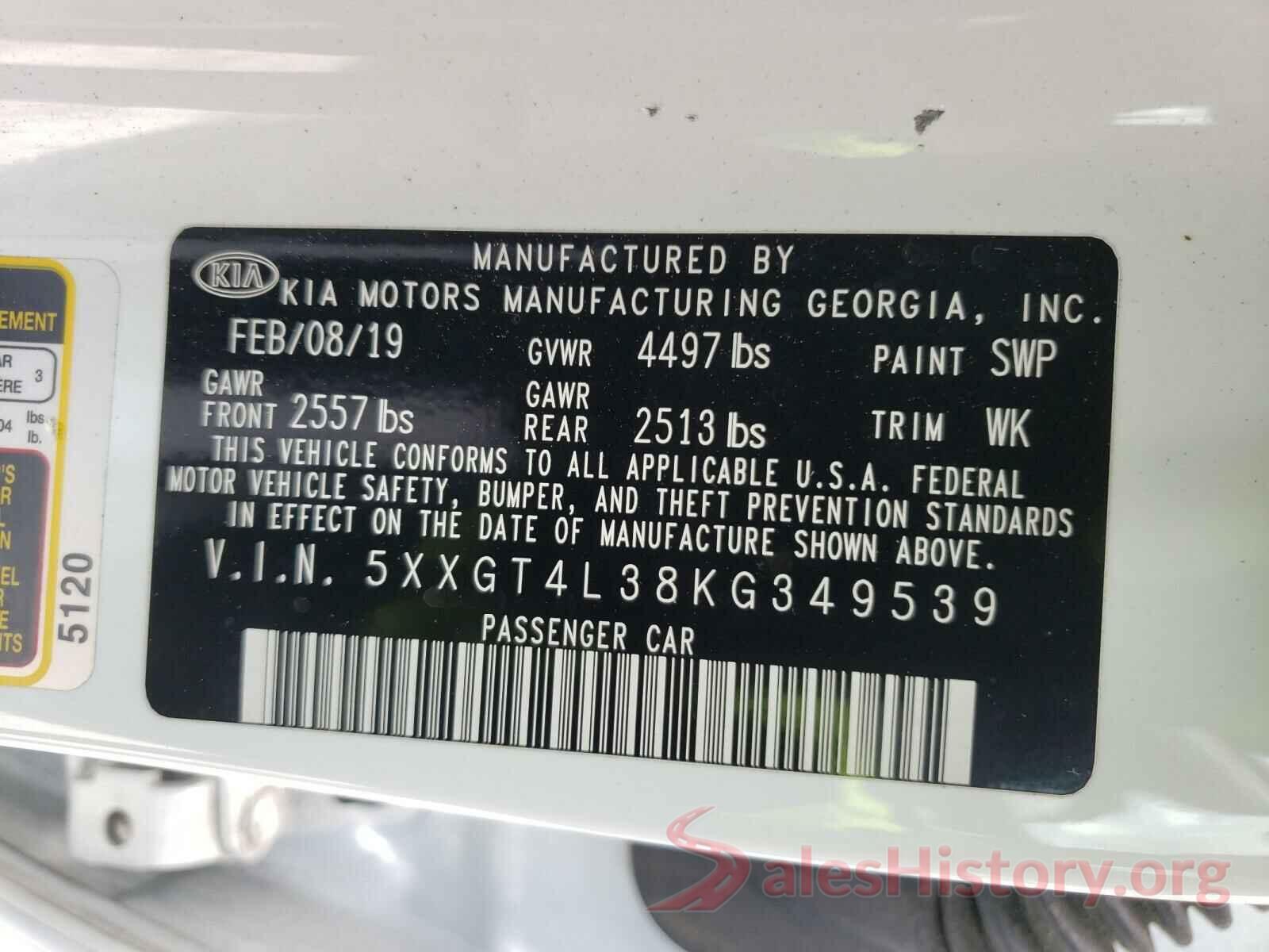 5XXGT4L38KG349539 2019 KIA OPTIMA