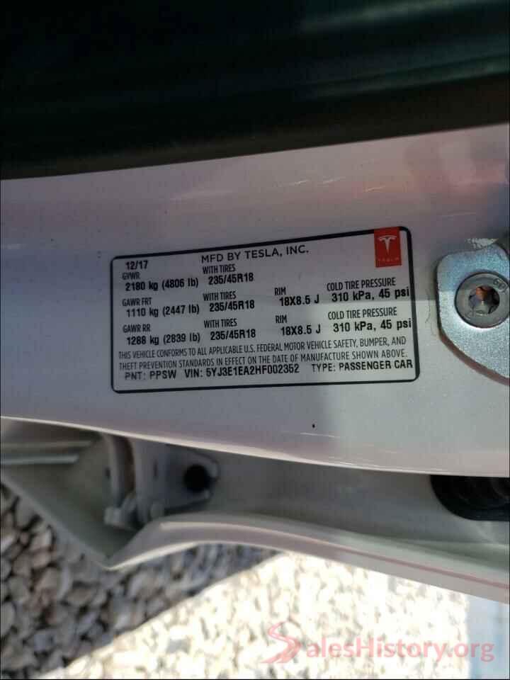 5YJ3E1EA2HF002352 2017 TESLA MODEL 3