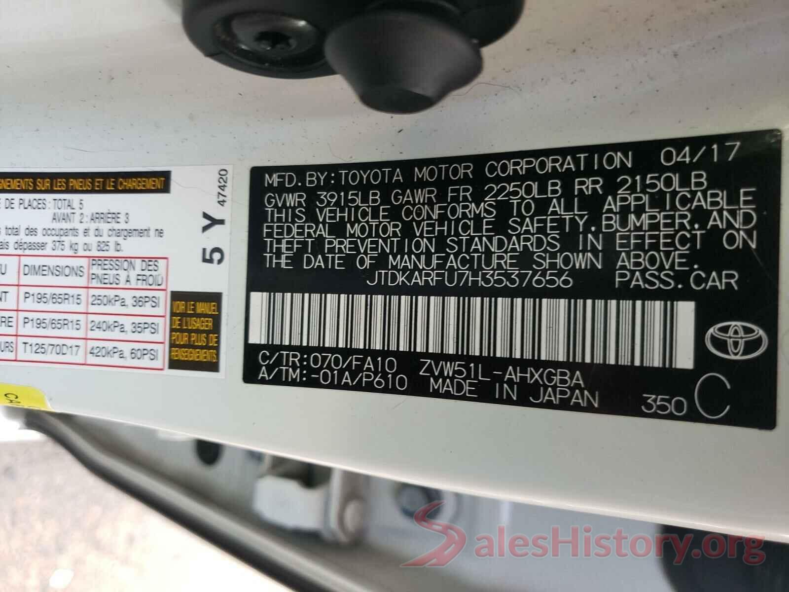 JTDKARFU7H3537656 2017 TOYOTA PRIUS