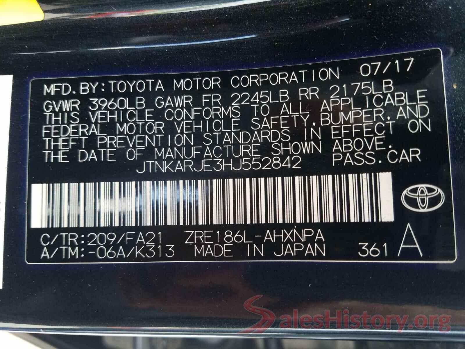 JTNKARJE3HJ552842 2017 TOYOTA COROLLA