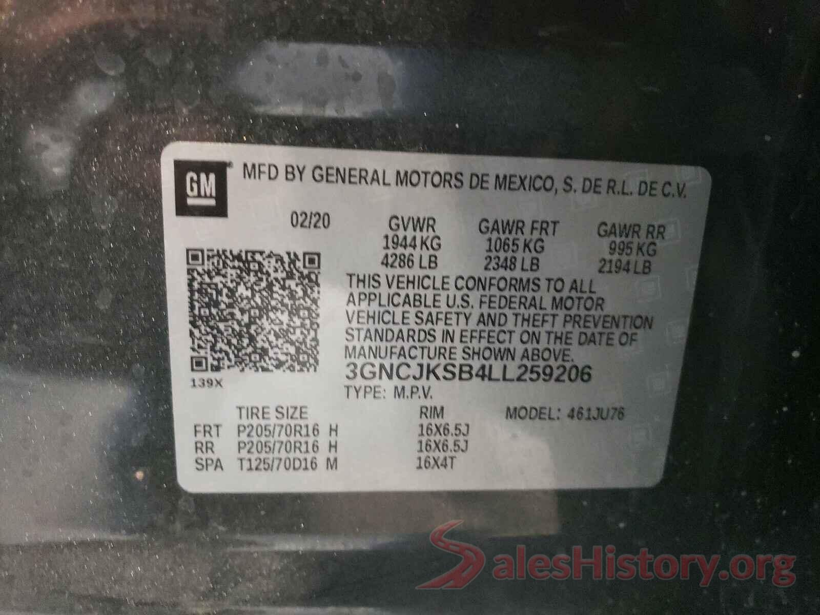 3GNCJKSB4LL259206 2020 CHEVROLET TRAX