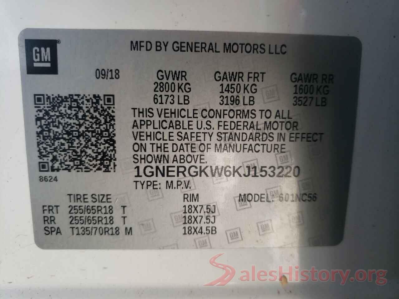 1GNERGKW6KJ153220 2019 CHEVROLET TRAVERSE