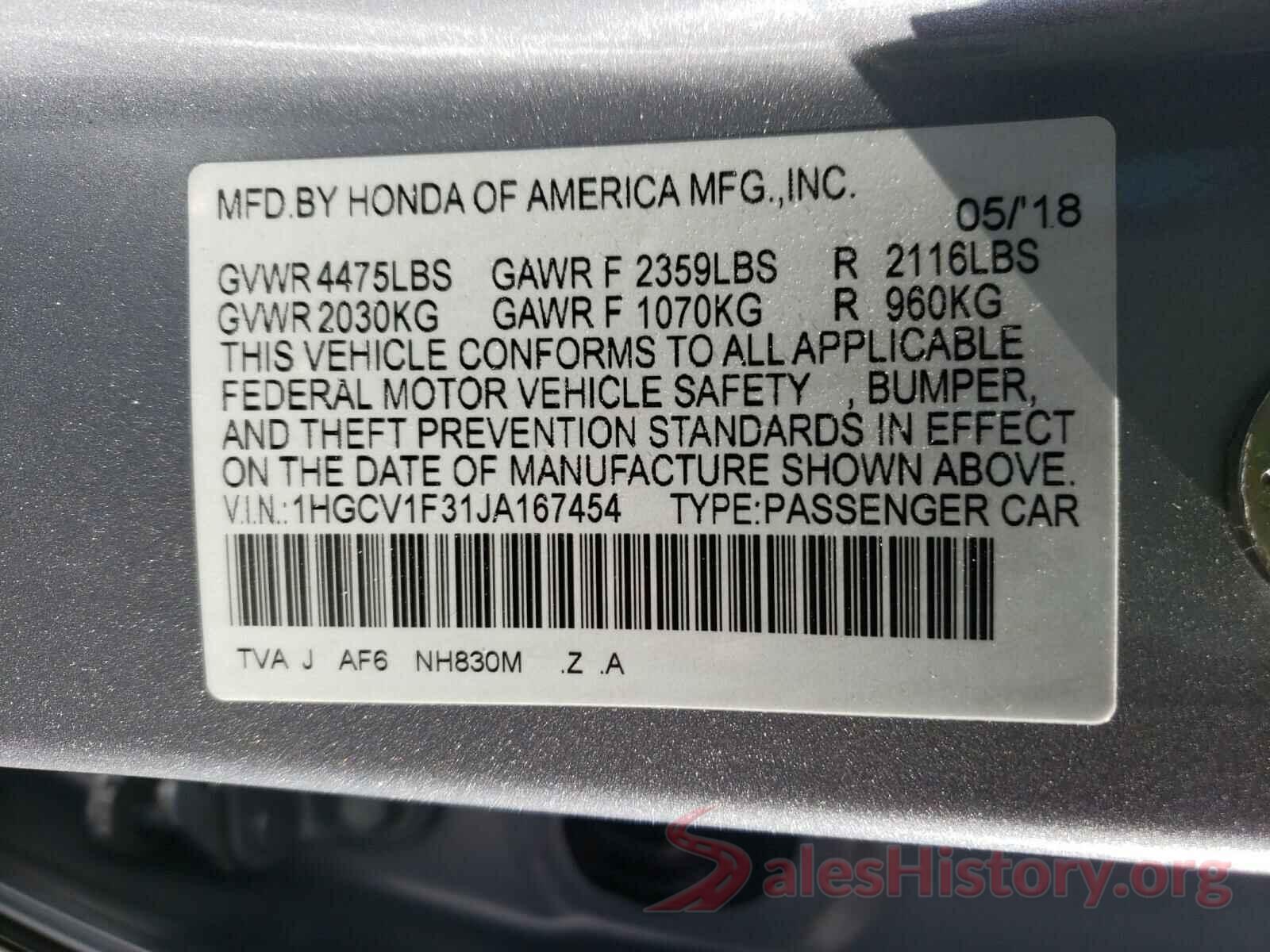 1HGCV1F31JA167454 2018 HONDA ACCORD