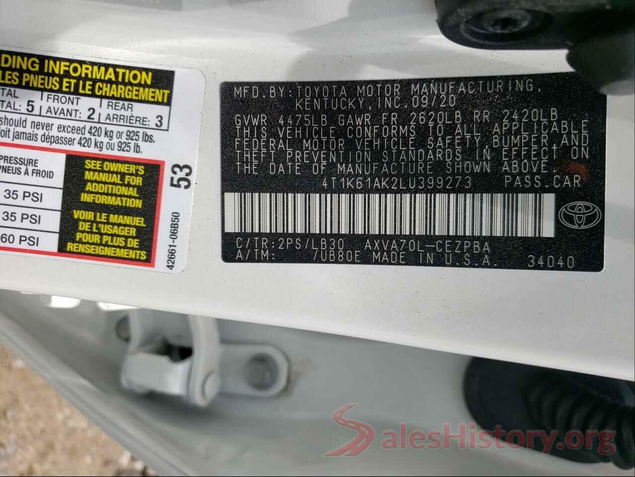 4T1K61AK2LU399273 2020 TOYOTA CAMRY