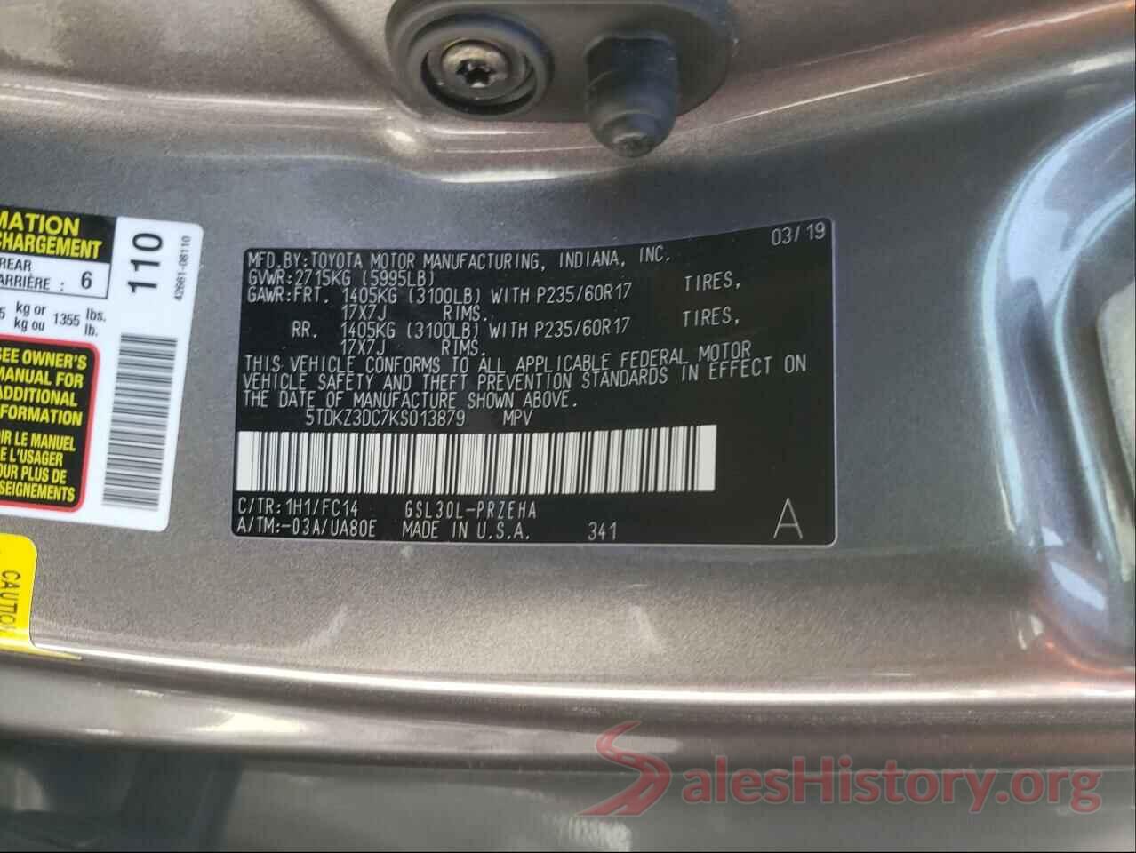 5TDKZ3DC7KS013879 2019 TOYOTA SIENNA