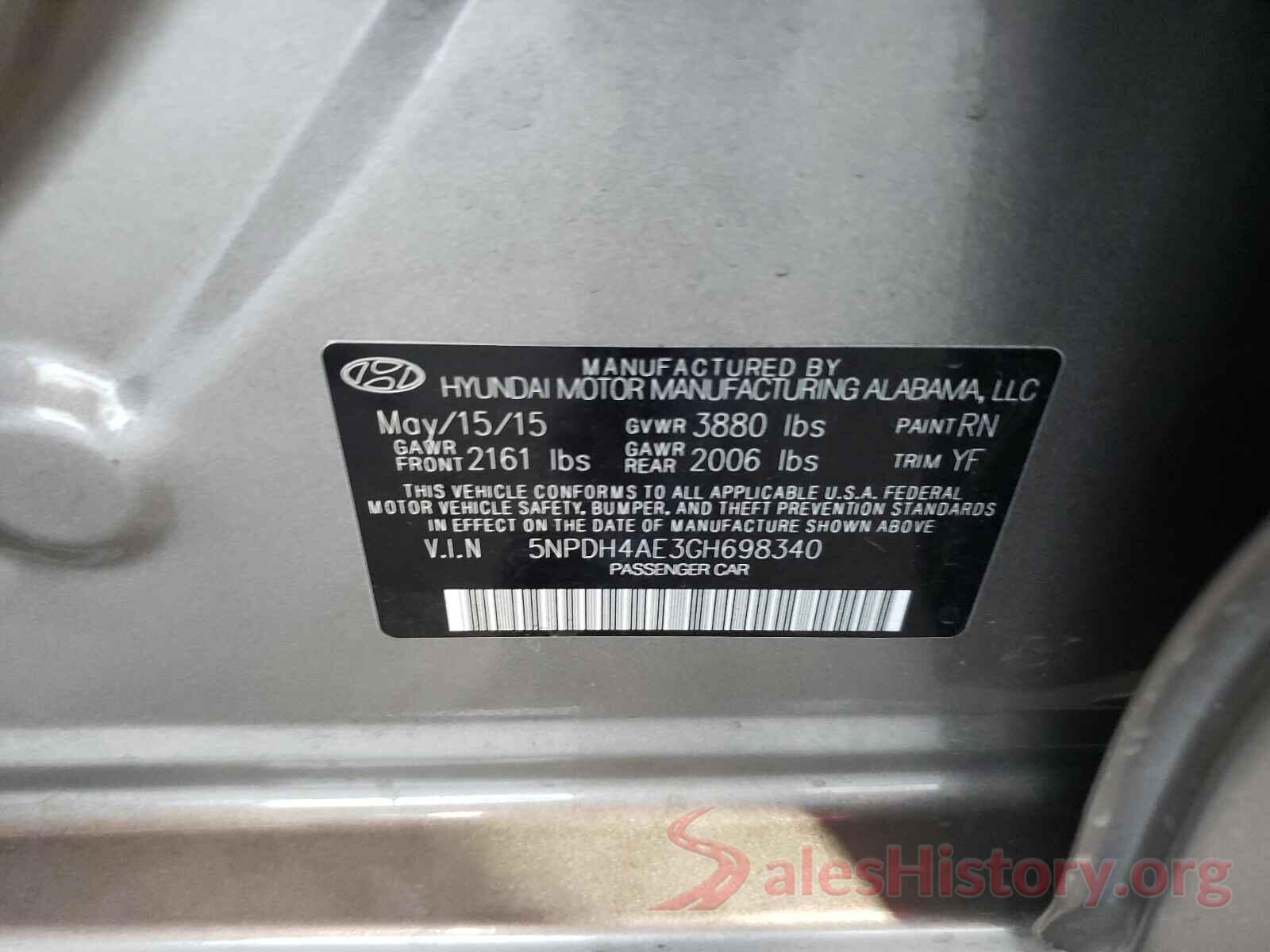 5NPDH4AE3GH698340 2016 HYUNDAI ELANTRA