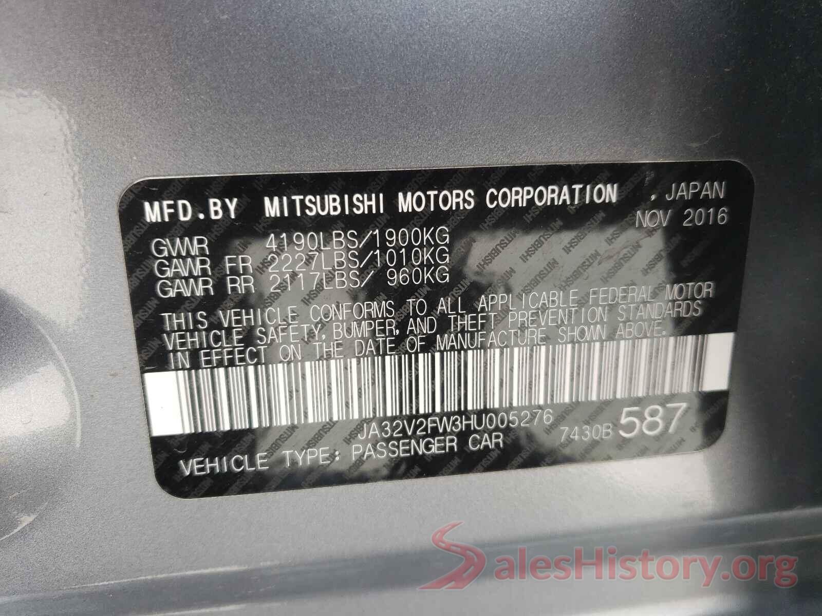 JA32V2FW3HU005276 2017 MITSUBISHI LANCER