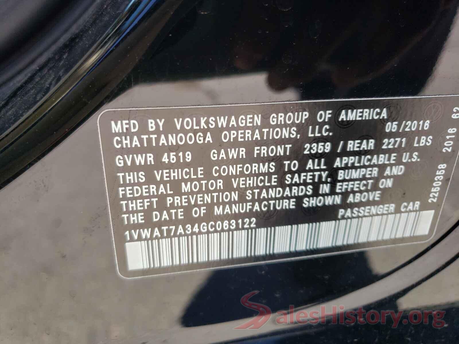 1VWAT7A34GC063122 2016 VOLKSWAGEN PASSAT