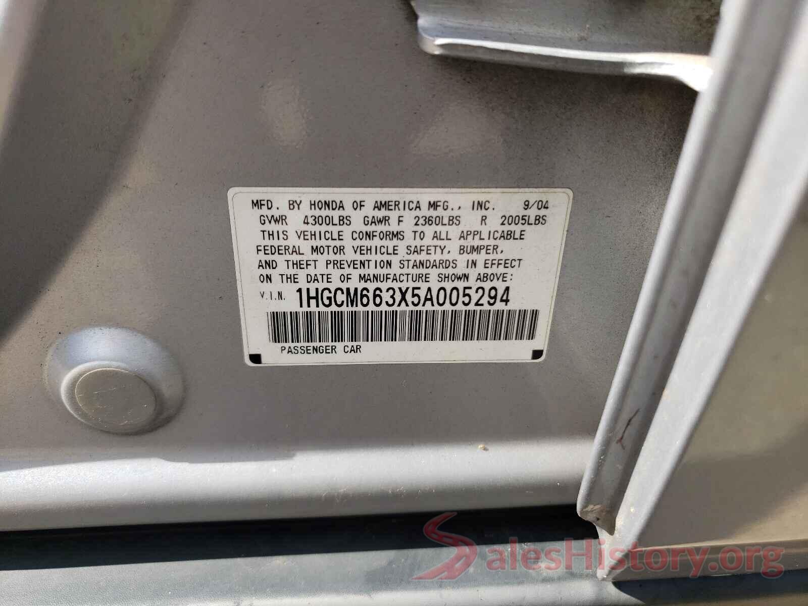 1HGCM663X5A005294 2005 HONDA ACCORD