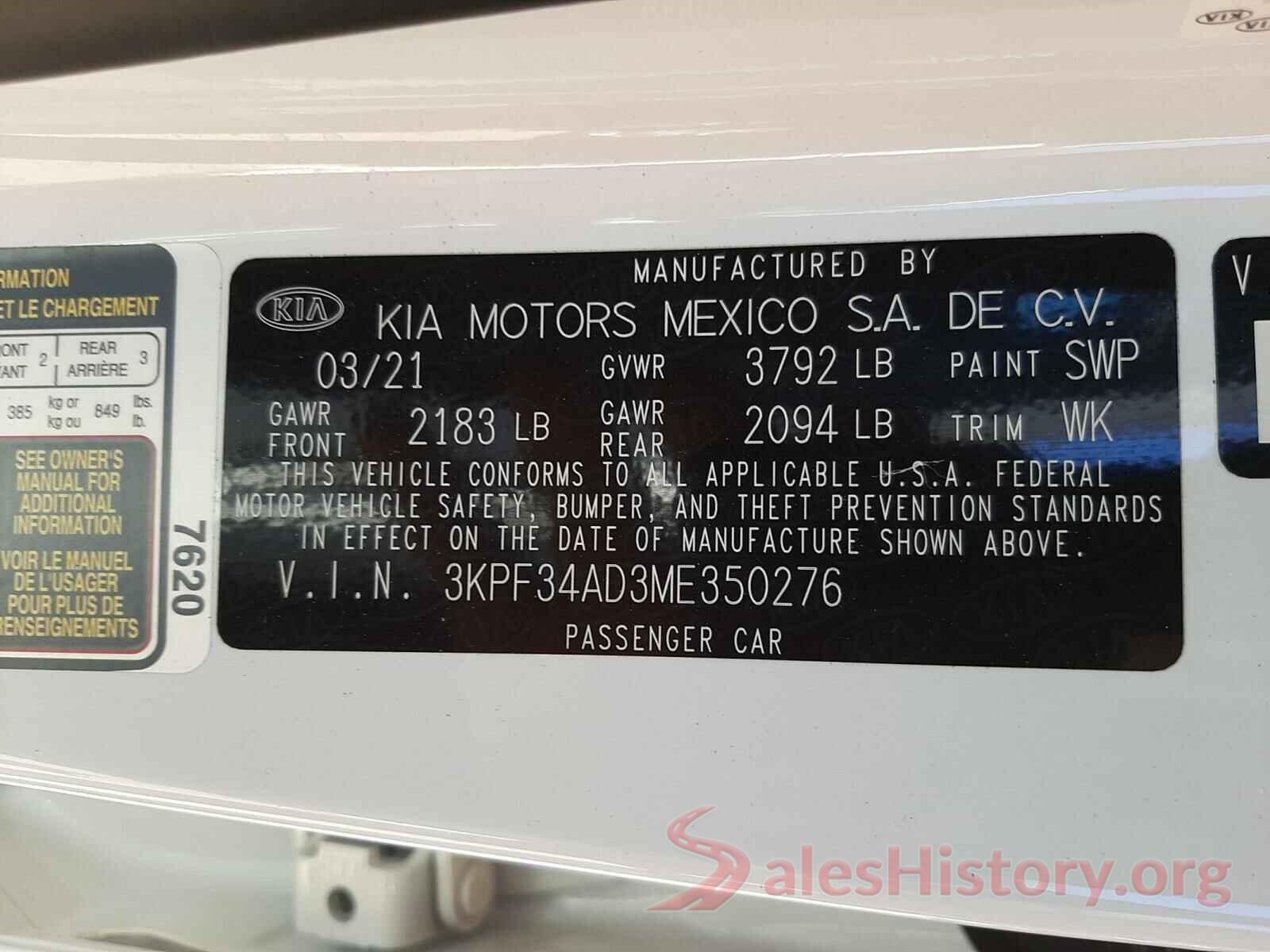 3KPF34AD3ME350276 2021 KIA FORTE