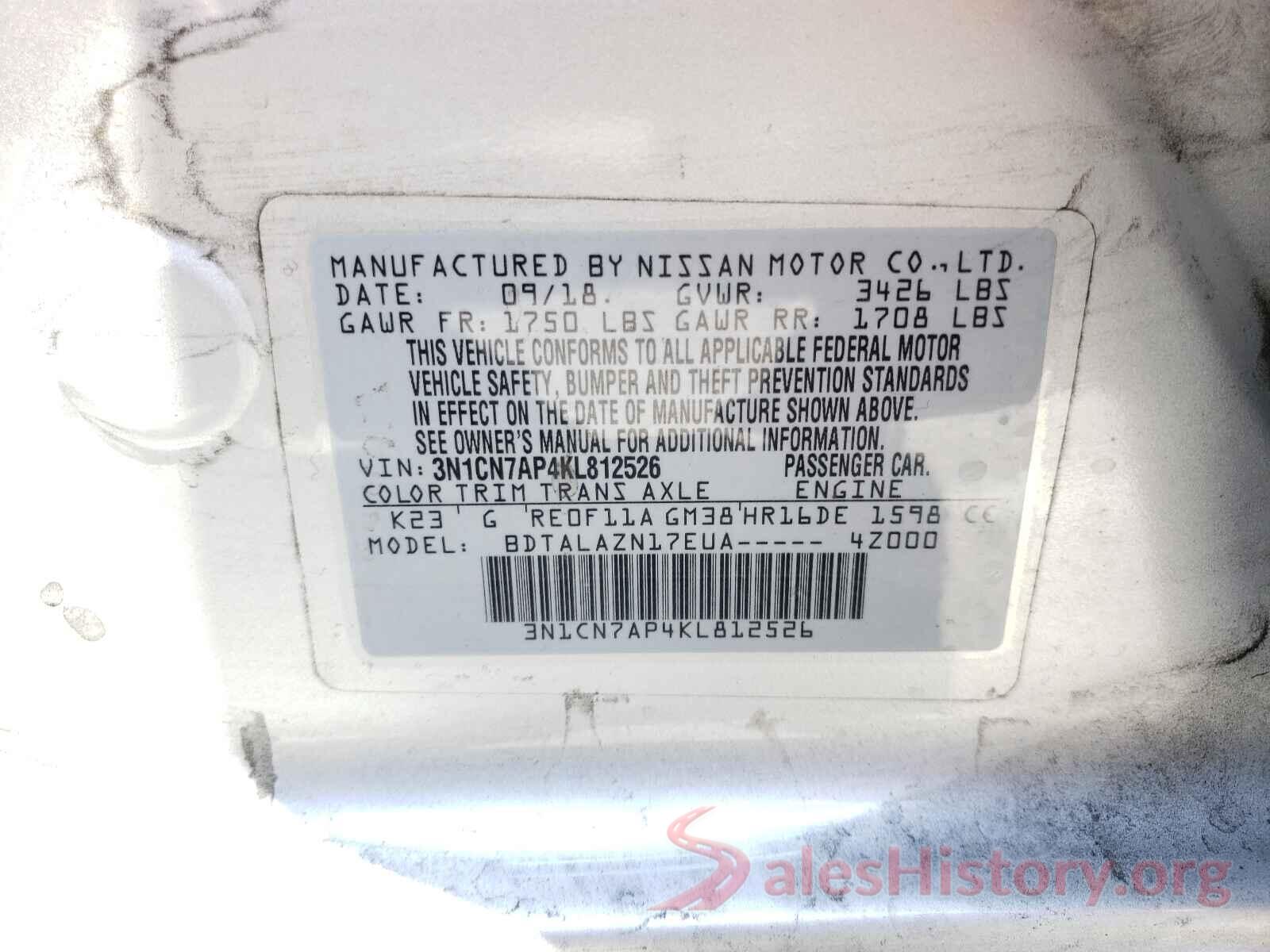 3N1CN7AP4KL812526 2019 NISSAN VERSA