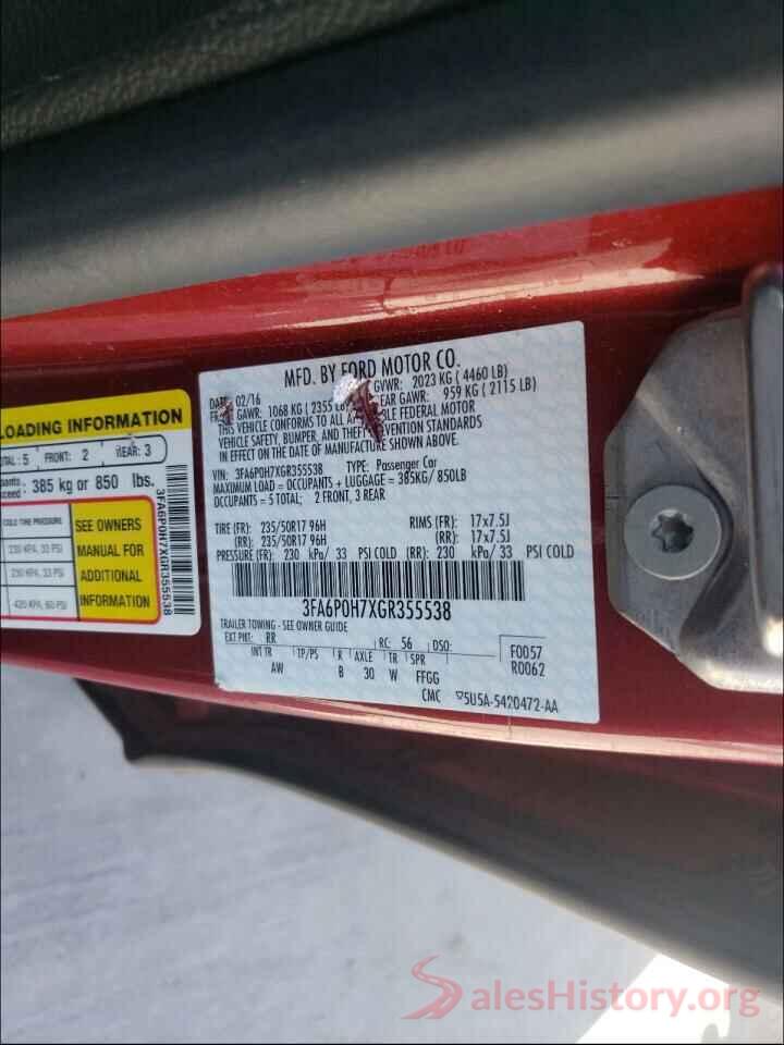 3FA6P0H7XGR355538 2016 FORD FUSION